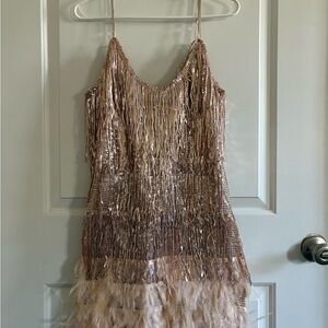 Sequin Feather Camisole Dress in Champagne